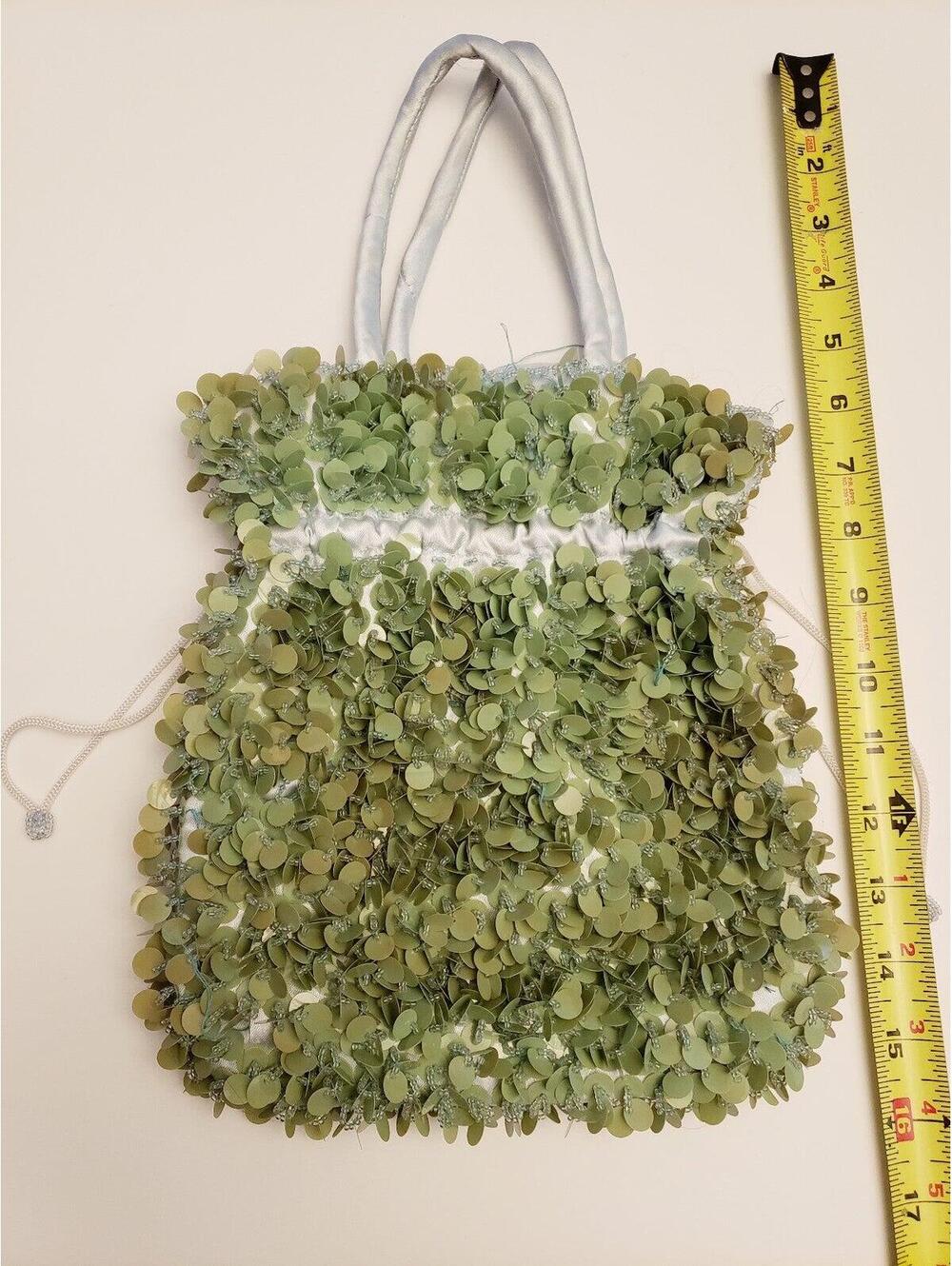 Vintage Green Sequin Embellished Handbag with White Handles